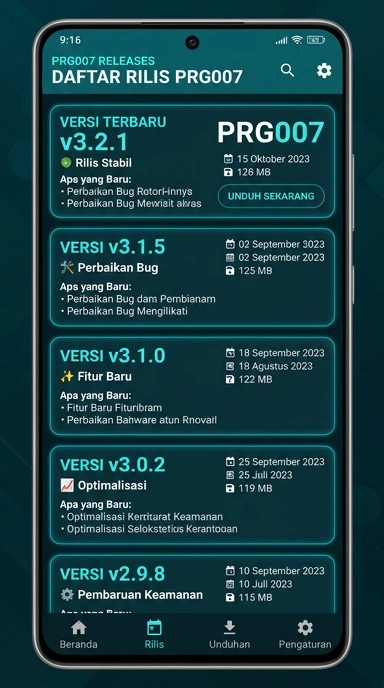 Tampilan riwayat versi prg007